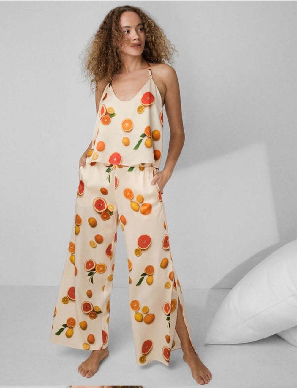 Lunya Pajama Set Washable Silk Cami Wide Leg Pant Main Squeeze Citrus L Large